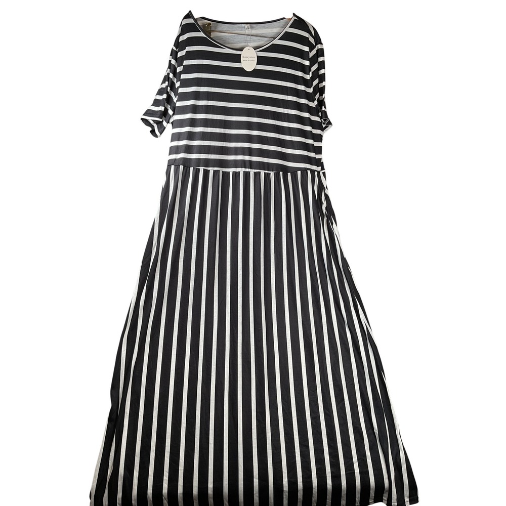 Kancystore Maxi Dress Womens 4XL Black White Striped Empire Waist Short Sleeve